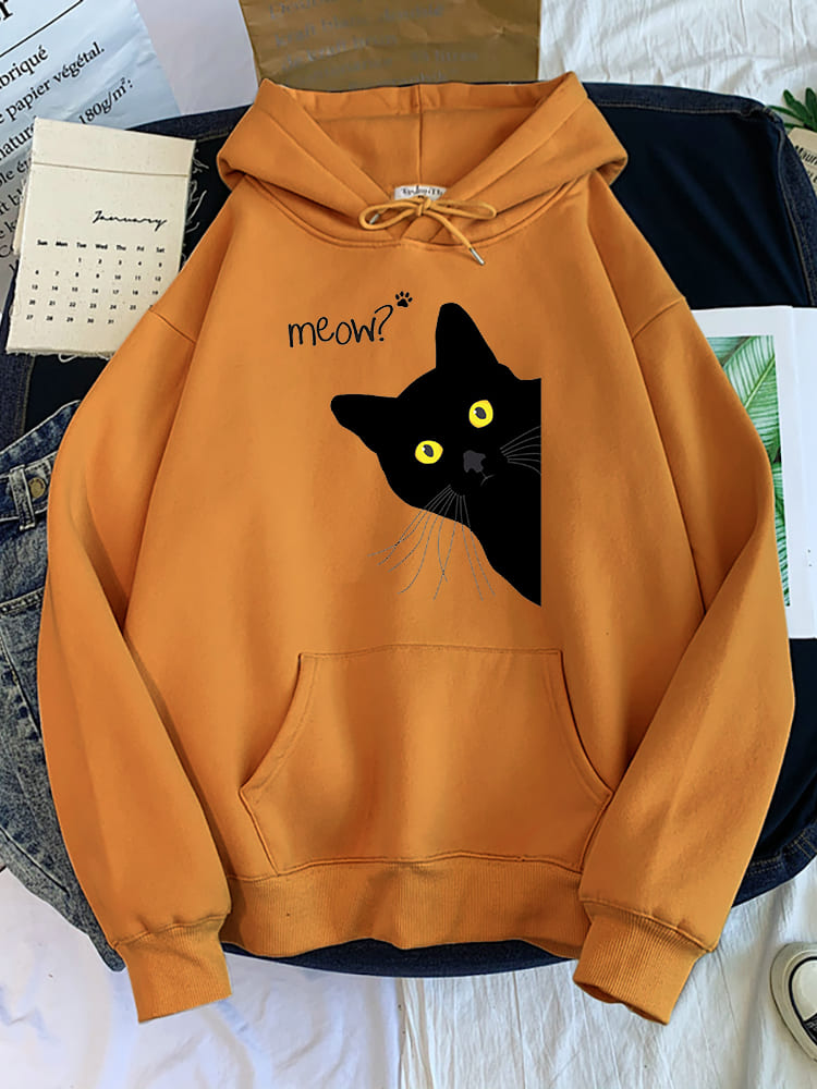 Meow Black Cat Print Hoodie
