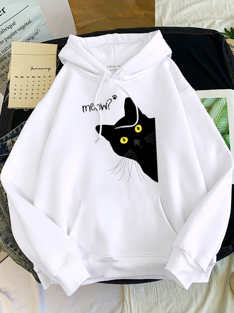 Meow Black Cat Print Hoodie