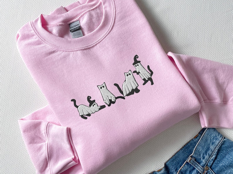 Embroidered Cat Halloween Sweatshirt
