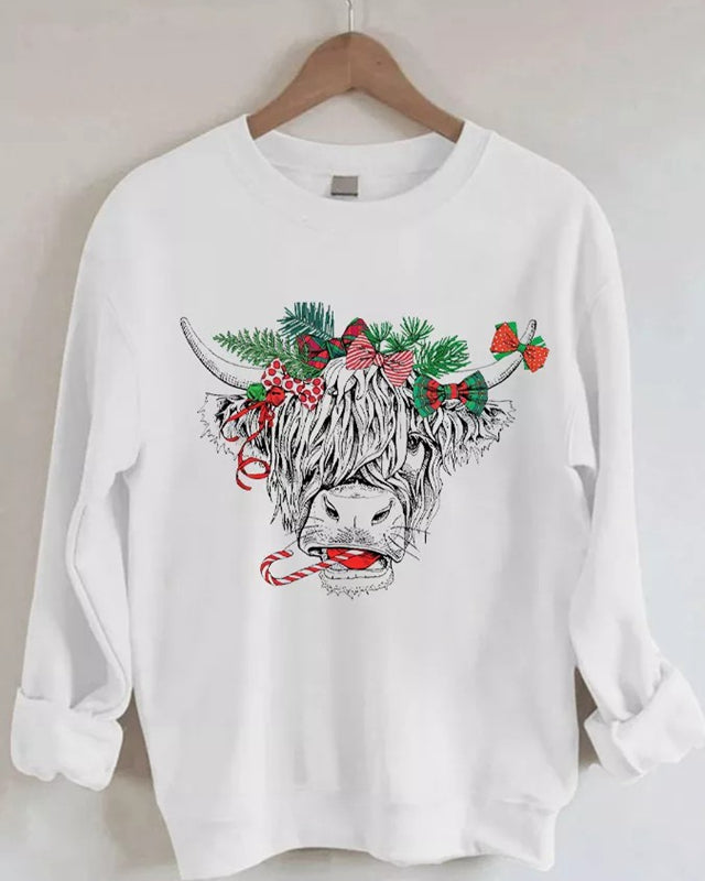 Christmas Cow Print Casual Crewneck Sweatshirt
